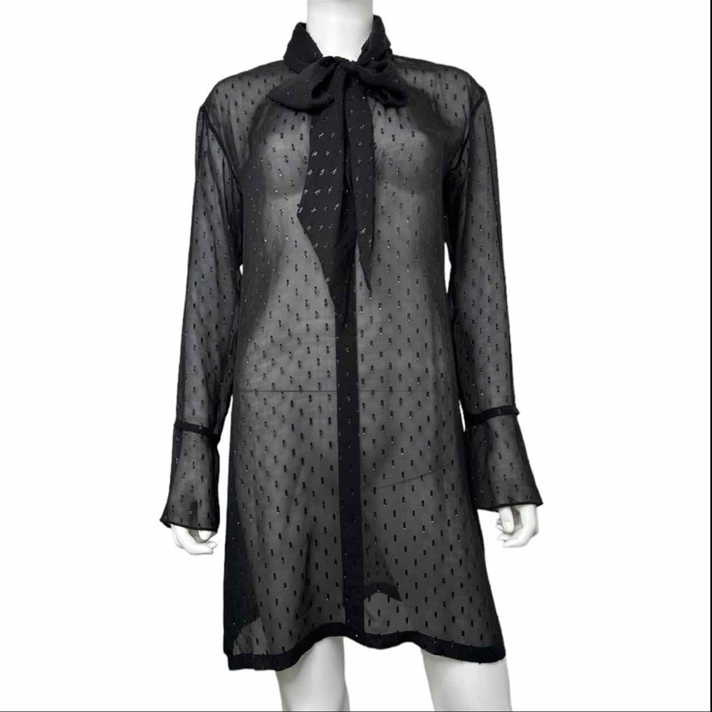 Theory Black Sheer Swiss Dot Tie-Neck Dress